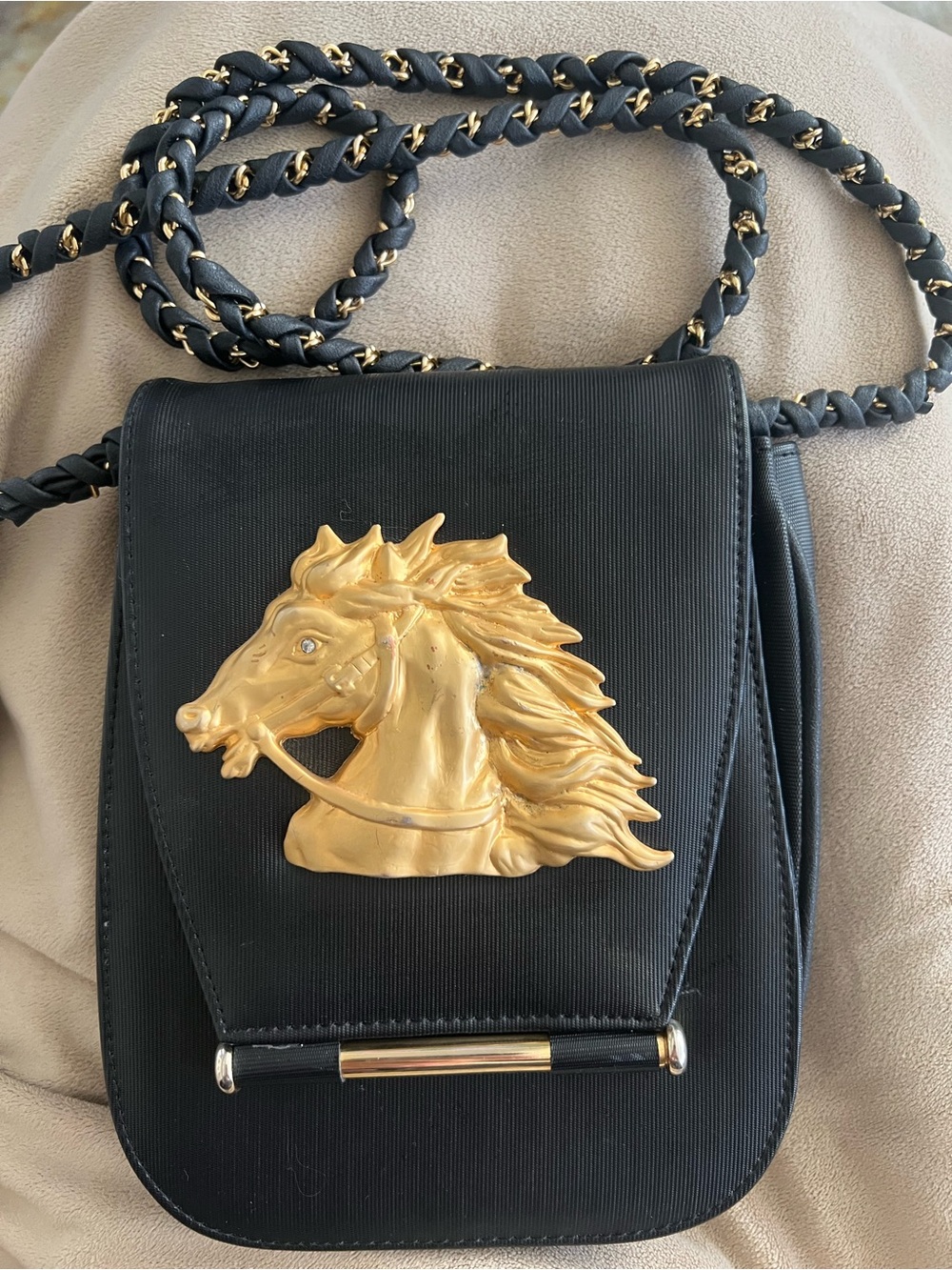 Vintage Black Equestrian Handbag 3D Gold Horse Head Chain/Leather Strap